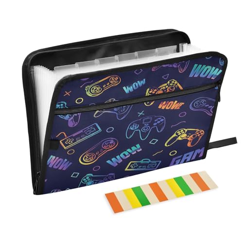 Game Controller Seamless 13 Pocket File Organizer Expanding File Folder with Front Pouch Portable Business File Storage Document Organizer Folder with Zipper - color: Game Controller Seamless