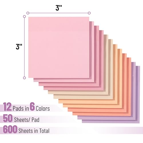Mr. Pen- Sticky Notes, 3"x3", 12 Pads, 600 Sheets, Colorful | Sticky Notes Bulk, Self-Stick Note Pads, Perfect for Office, School, Home, Study & Organization