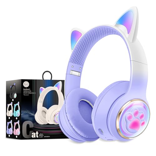 Cat Ear Bluetooth Kids Headphones, LED Lights, Safe Volume, Foldable | Safe 85dB volume limit, Bluetooth 5.0, LED cat ears, built-in mic, TF card slot, foldable & adjustable for ages 3-12 - color: 1