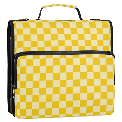 Checkered Yellow Zipper Binder 3 Ring 1.5 Inch School Binder Organizer with Shoulder Strap Handle File Folder Pockets Large Capacity Students Girl Boy Men Office Work - color: Checkered Yellow