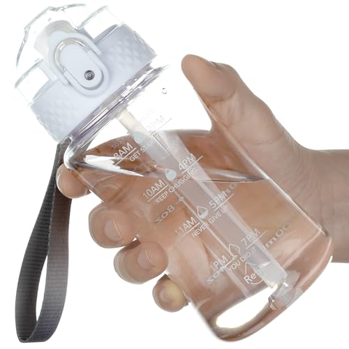 OLDLEY 12oz Kids Water Bottle, Tritan BPA-Free, Leakproof Flip Straw Lid, Motivational Time Marker, Carry Strap, Reusable Clear Water Bottle for Boys & Girls,Clear - color: Clear, style: 12 Ounces