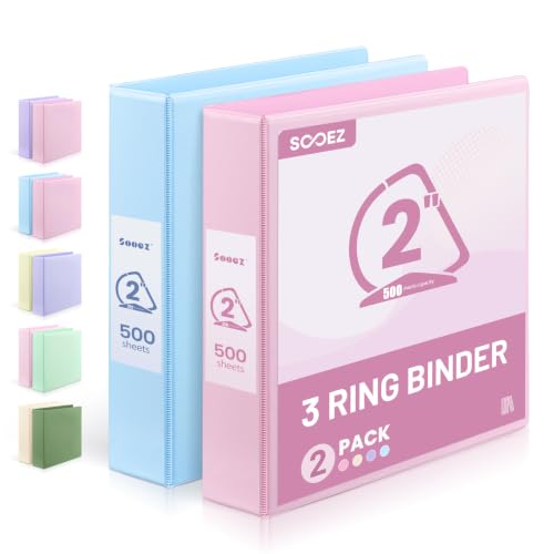 Sooez BinderX 2 Inch 3 Ring Binder, D-Ring Large Binders, Holds 500 Sheets of 8.5x11 Paper, PVC-Free, Customizable View Cover with 2 Inside Pockets, School & Office Supplies, Assorted Pastels, 2-Pack - color: Pink&blue, size: 2-Inch D Ring