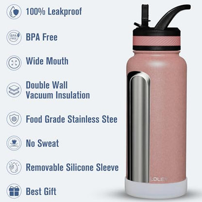 OLDLEY 32 oz Insulated Water Bottle With Straw, Stainless Steel Sports Water Cup Flask with 3 Lids(Straw, Spout and Handle Lid) Double Walled Travel Thermal Canteen Mug,Rose Gold - color: Rose Gold, size: 32 Ounces