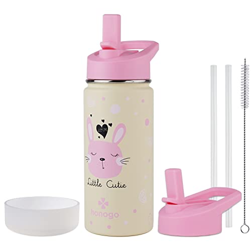 16 oz Stainless Steel Insulated Kids Water Bottle, Leak Proof Metal Thermal Flask with Straw lid, Cute Toddler Tumbler Cup for School Girls & Boys (Pink, Bunny) - color: Pink, Bunny