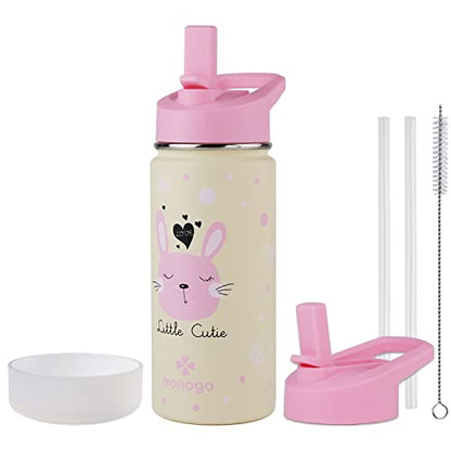 16 oz Stainless Steel Insulated Kids Water Bottle, Leak Proof Metal Thermal Flask with Straw lid, Cute Toddler Tumbler Cup for School Girls & Boys (Pink, Bunny) - color: Pink, Bunny