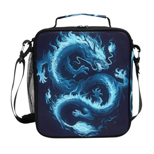 ALAZA Dragon Blue Black Lunch Box Insulated Lunch Bag Kids Cooler Tote Bag Freezable Shoulder Strap Lunchbox for Girls School Picnic - color: Multi889