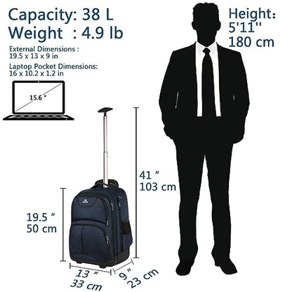 MATEIN Backpack with Wheels, Travel-friendly Rolling Laptop Backpack | Fit 17 Inch Notebook, Freewheel, Carry on Luggage Business bag, College Trolley Suitcase, Computer Bag, Compact, Blue - color: Blue, size: 17-inch