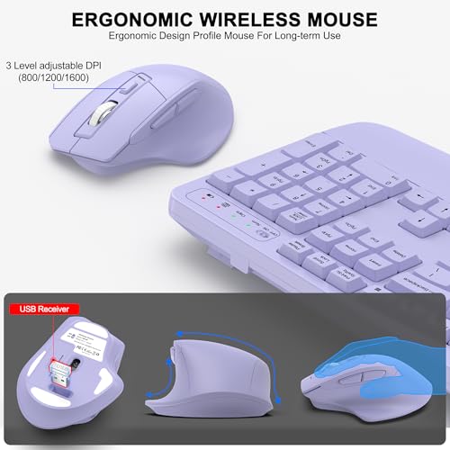 Wireless Keyboard and Mouse Combo, 2.4G Full Size Wave Keys Ergonomic Keyboard with Wrist Rest and 3-Level DPI Adjustable Wireless Ergonomic Mouse for Windows, Mac OS Desktop/Laptop/PC(Purple) - color: purple