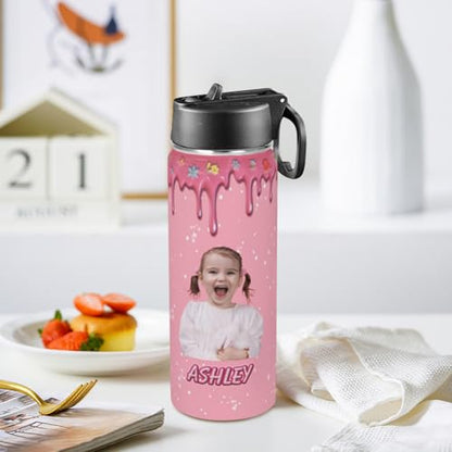 Personalized Water Bottles with Straw Lid for Kids Girls, Custom Cute Insulated Stainless Thermoses Cup with Name for School, Back to School Gifts for Daughter, Custom Birthday Christmas Gifts - color: # design 03-pic04
