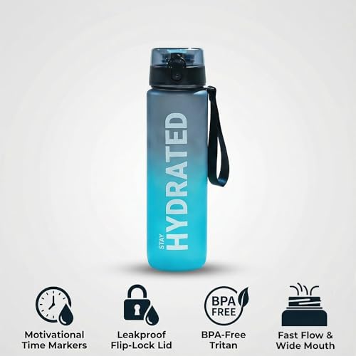 32oz Water Bottle with Time Marker, Leakproof & Durable BPA Free Wide Mouth Bottle for Gym, Travel, Home, School, Office (1 Bottle) - Black Blue - color: Black Blue
