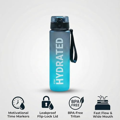 32oz Water Bottle with Time Marker, Leakproof & Durable BPA Free Wide Mouth Bottle for Gym, Travel, Home, School, Office (1 Bottle) - Black Blue - color: Black Blue