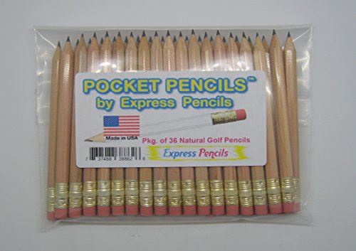 Express Pencils Natural Golf Pencils with Eraser - Half, Pew, Short, Mini, Small, Non Toxic - Hexagon, Sharpened, #2 Pencil, Color - Natural, Pkg of 36 Pocket Pencils