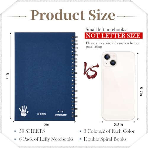 Lewtemi 6 Pack Small Left Handed Notebook 8"x5" Lefty Spiral Notebooks Wire Bound Mini Notebook 50 Sheets College Ruled Paper Journal(Black, Red, Blue) - color: Black, Red, Blue