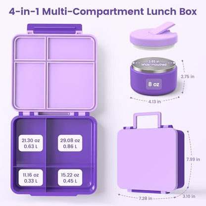 LOHASOK Bento Lunch Box Kids with 8oz Soup Thermo, Leak-Proof Lunch Containers with 4 Compartment, Thermo Hot Food Jar and Insulated Lunch Box for School Purple - color: Purple