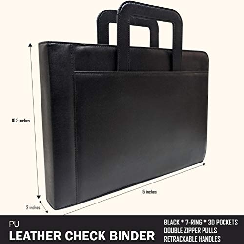 MSP 7 Ring Business Check Portfolio, Business Checkbook Briefcase in PU Leather with Handles, Zip Pockets, 3 Ring Binder, Carry 500 Business Check- Black