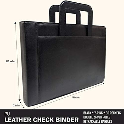 MSP 7 Ring Business Check Portfolio, Business Checkbook Briefcase in PU Leather with Handles, Zip Pockets, 3 Ring Binder, Carry 500 Business Check- Black