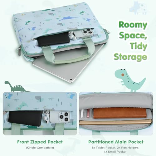 MoKo 10-12.5 Inch Kids Tablet Sleeve Carrying Case for Fire HD 10 13th/11th Gen, Fire HD 8/7 Kids 2022, Tablet Bag with Shoulder Strap for 10/10.1 Inch Android 12/13, Green Dinosaur - color: Green Dinosaur, style: 12.5 Inch