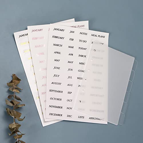 Koqye 12pcs A7 Pocket 6-Ring Binder Dividers with Tabs & Planner Stickers | 3.19" x 4.96", Transparent Sturdy Insertable Notebook Planner Tab Dividers for Binders, Agenda Accessories
