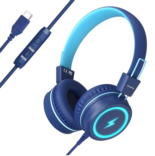 Bywulanda Kids Headphones with LED Lights for School, Upgrade USB Type C Kid Headphone with Microphone, Volume Limiter 85/94dB, Wired On Ear Headphones for Boys/Girls/Tablet/Travel -Blue - color: Dark Blue