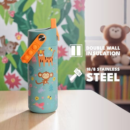 Elemental Insulated Kids Water Bottle, Stainless Steel Water Bottle with Straw Lid & Pop-It Handle, Leak-Proof Water Bottles for School, Boys or Girls, Travelling and Sports, 18oz - Safari - color: Safari