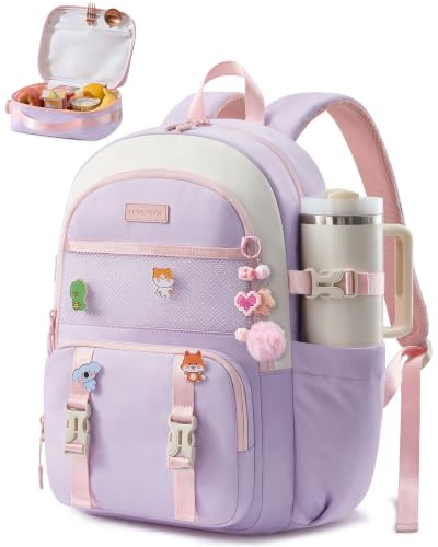 LOVEVOOK Cute School Backpack for Girls Ages 8-14, Bookbag with Cartoon Charms & Pins, Back to School Backpack for Elementary & Middle School, Fits 15.6 Inch Laptop and 40oz Tumbler - color: Off-white & Pink Purple, size: 15.6 Inch with lunch bag