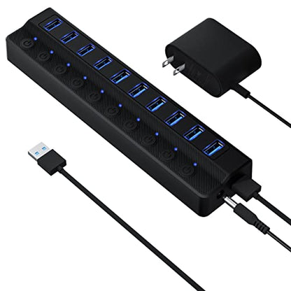 ONFINIO Powered USB Hub 3.0, 10-Port USB Splitter Hub | Individual On/Off Switches and 12V/2A Power Adapter USB Extension - style: 10 PORT 3.0