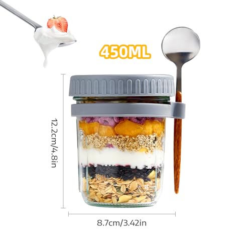 Glass Overnight Oats Containers，with Lids and Spoons，16 oz Glass Food Storage Containers ，Container Meal Prep Jar for Cereal Fruit Vegetable Milk Salad Yogurt