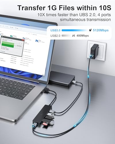 Aceele 4-Port USB 3.0 Hub, Ultra-Slim USB Hub with USB-C Powered Port[Charging/Monitor Not Supported], USB Port for MacBook, Mac Pro, iMac, Mac mini, XPS, PC, Laptop, Flash Drive, Mobile HDD - style: 0.63ft (4A)