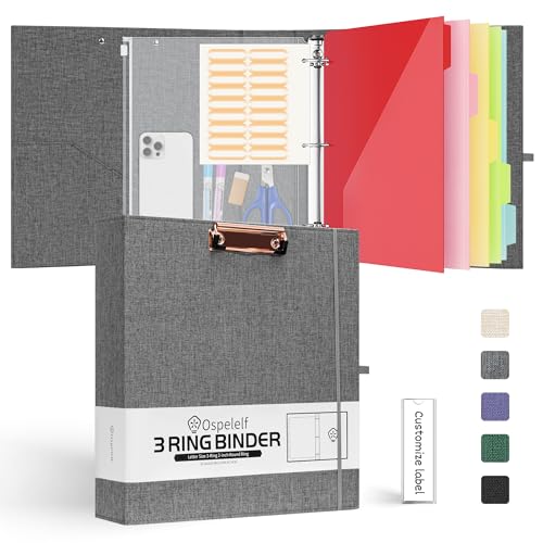 Ospelelf 2 Inch 3 Ring Binder Organizer with Zipper Pouch, 5 Plastic Folders with 10 Pockets, Linen Clipboards for Letter Size (8.5" x 11"), Hardcover School Binder, Darkgrey - color: Darkgrey, size: 2in (Letter Size)