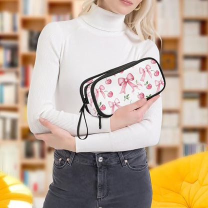 ALAZA Pink Bow Cherry Leaf Pattern Large Pencil Case, Pen Pouch Pencil Bag with 3 Compartments Pen Holder Organizer Stationery Bag - color: Bow Cherry