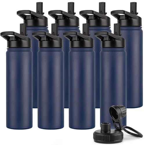 DOMICARE Insulated Water Bottle, 22 oz Vacuum Insulated Stainless Steel Reusable Sports Bottle with Straw Lid & Spout Lid for Travel, Camping, Bike, Leakproof, Navy Blue, 8 Pack - color: Navy Blue, size: 22oz/8 Pack
