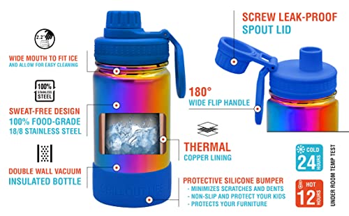 CHILLOUT LIFE 12oz Kids Insulated Stainless Steel Water Bottle with Leak Proof Spout Lid & 144 Stickers - color: Magic Rainbow, style: 12 oz