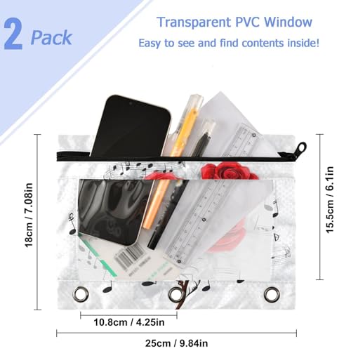 Studying 2 Pack Art Music Notes Red Rose Flowers 3 Ring Binder Pencil Pouch Bags,Clear Window Zipper Storage Case for Boys Girls School Office Supplies Cosmetics Organizers - color: Multi-rose