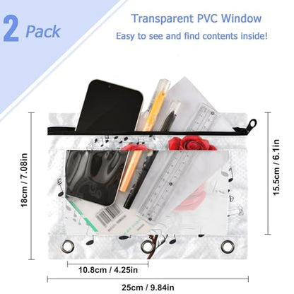 Studying 2 Pack Art Music Notes Red Rose Flowers 3 Ring Binder Pencil Pouch Bags,Clear Window Zipper Storage Case for Boys Girls School Office Supplies Cosmetics Organizers - color: Multi-rose