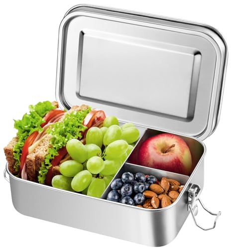 Leonyo 81oz 18/10 Stainless Steel Lunch Box for Adults, 2400ml Metal Bento Box with Divider, Leak-Proof Lunch Food Containers for Woman Man, Dishwasher Safe, Oven Safe Except for Lid - size: 2400ML