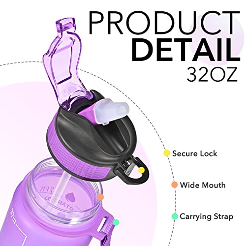 Hyeta Water Bottle with Straw & Time Marker, Plastic 32oz Leakproof | Motivational Tritan BPA Free Gym Office Outdoor Intake Tracker Hourly Reminder Straw Lid Carry Strap - color: Confectionery
