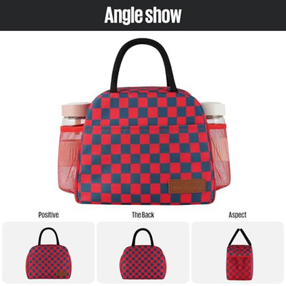 Lunch Bag Women/Men Lunch Box Women/Men (Dark blue+Red Checkerboard) | Spacious Lightweight Waterproof Sturdy Durable Great Value For Office Work School Picnic Travel - color: Dark blue+Red Checkerboard