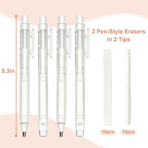 4 Pack Retractable Mechanical Eraser Pen Set (4 White) with 20 Refills (10 Rectangular, 10 Round Tips), Precision Erasers for Artists Drawing, Office & Students - color: White