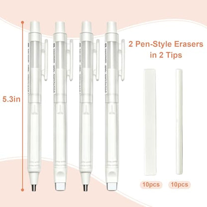 4 Pack Retractable Mechanical Eraser Pen Set (4 White) with 20 Refills (10 Rectangular, 10 Round Tips), Precision Erasers for Artists Drawing, Office & Students - color: White