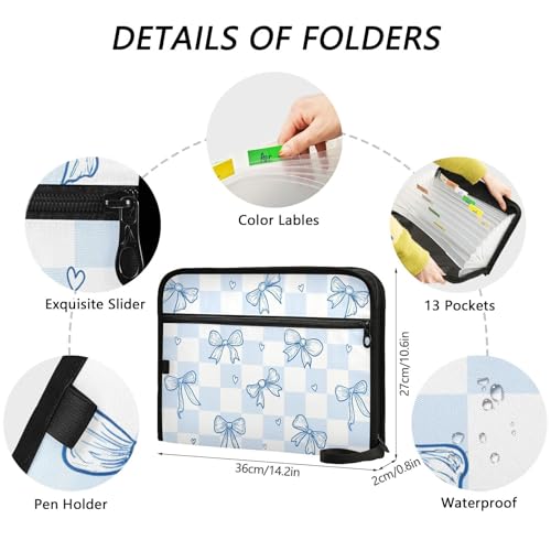 13 Pockets Expanding File Folder Blue Bow Checkboard Accordion File Organizer A4 Letter Size Paper Document Storage Zipper Expandable Folders with Labels