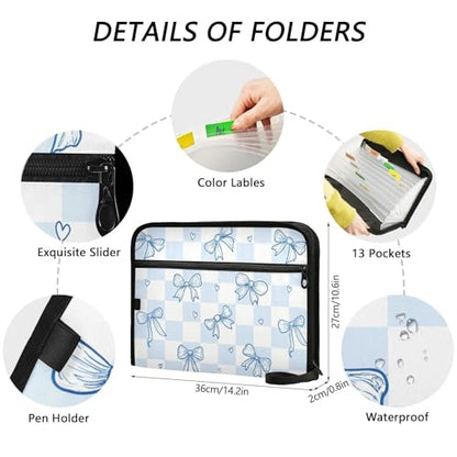 13 Pockets Expanding File Folder Blue Bow Checkboard Accordion File Organizer A4 Letter Size Paper Document Storage Zipper Expandable Folders with Labels