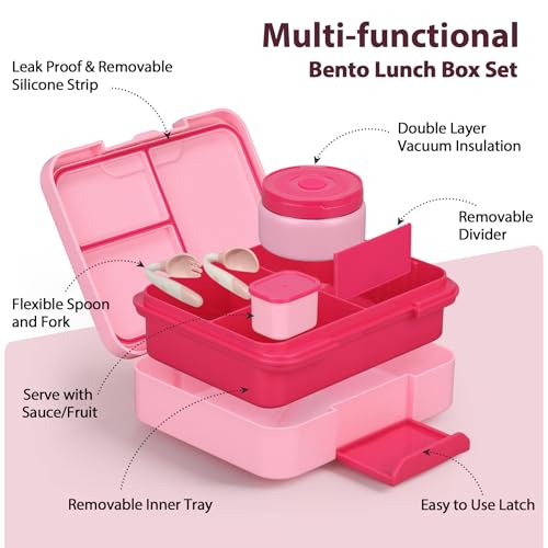 Kids Bento Lunch Box Set with 9.5oz Soup Thermo, Leak-Proof Lunch Food Containers with 3 Compartment and Removable Inner Tray, Insulated Hot Food Jar with Lunch Bag for School, Office, Pink - color: Pink