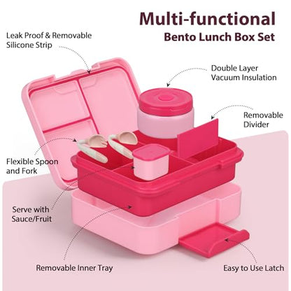 Kids Bento Lunch Box Set with 9.5oz Soup Thermo, Leak-Proof Lunch Food Containers with 3 Compartment and Removable Inner Tray, Insulated Hot Food Jar with Lunch Bag for School, Office, Pink - color: Pink