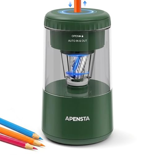 Electric Pencil Sharpener, Auto in & Out, Rechargeable | Adjustable Tip, Auto Stop, Fits 7-8mm Pencils, Helical Blade, Easy Cleaning, For Colored Pencils - color: Green