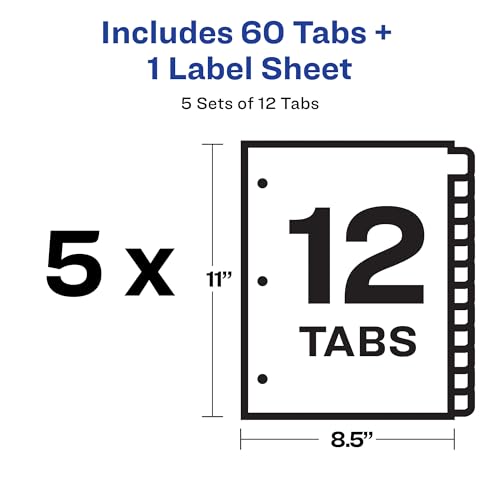 Avery 12-Tab Binder Dividers, Easy Print & Apply Clear Label Strip, Index Maker, White Tabs, 30 Sets Total (6 Packs of 11429)