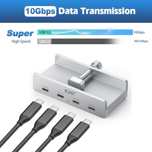 EJAY 10Gbps USB C Hub 4Ports Aluminum USB 3.2 Docking Hub Clamp Design for Desk/Computor with Extra Power Supply Port and 47inches Long Data Cable&39inches Power Cable (Silver) - size: with 4 USB C