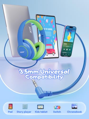 Acer Kids Headphones Wired for School - Over Ear Design, 85/94dB Safe Volume Limit, 3.5mm Jack Foldable Headphones for Toddler Boys Girls Classroom Yoto Player Chromebook Travel (Blue Green) - color: Blue Green