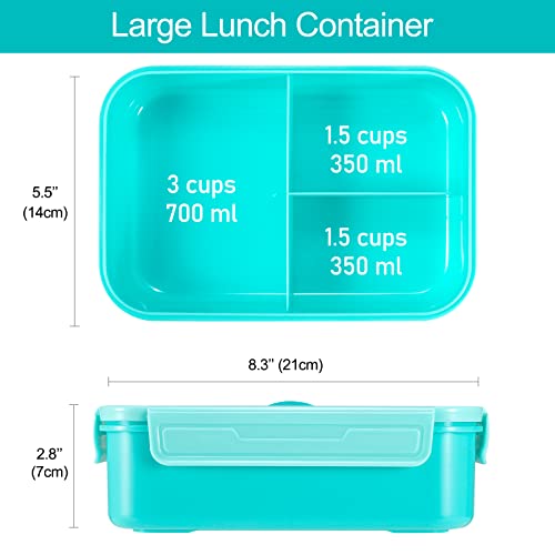 Caperci Classic Bento Box Adult Lunch Box for Older Kids - Leakpoof 47 oz 3-Compartment Lunch Containers for Adults and Teens, Built-in Utensil Set, Ideal for On-the-Go Balanced Eating, Aqua - color: Aqua