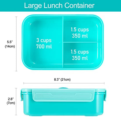 Caperci Classic Bento Box Adult Lunch Box for Older Kids - Leakpoof 47 oz 3-Compartment Lunch Containers for Adults and Teens, Built-in Utensil Set, Ideal for On-the-Go Balanced Eating, Aqua - color: Aqua