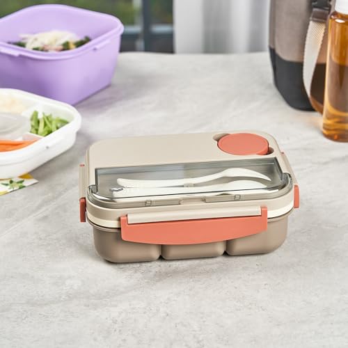 Restaurantware-Bento Tek 43.9 Ounce Bento Box, 1 Reusable Lunch Container - With Cutlery, Does Not Contain BPA, Brown And Orange Plastic Reusable Lunch Box, Sauce Cup Included, Microwavable - size: 1 Count, style: 44 oz - Brown